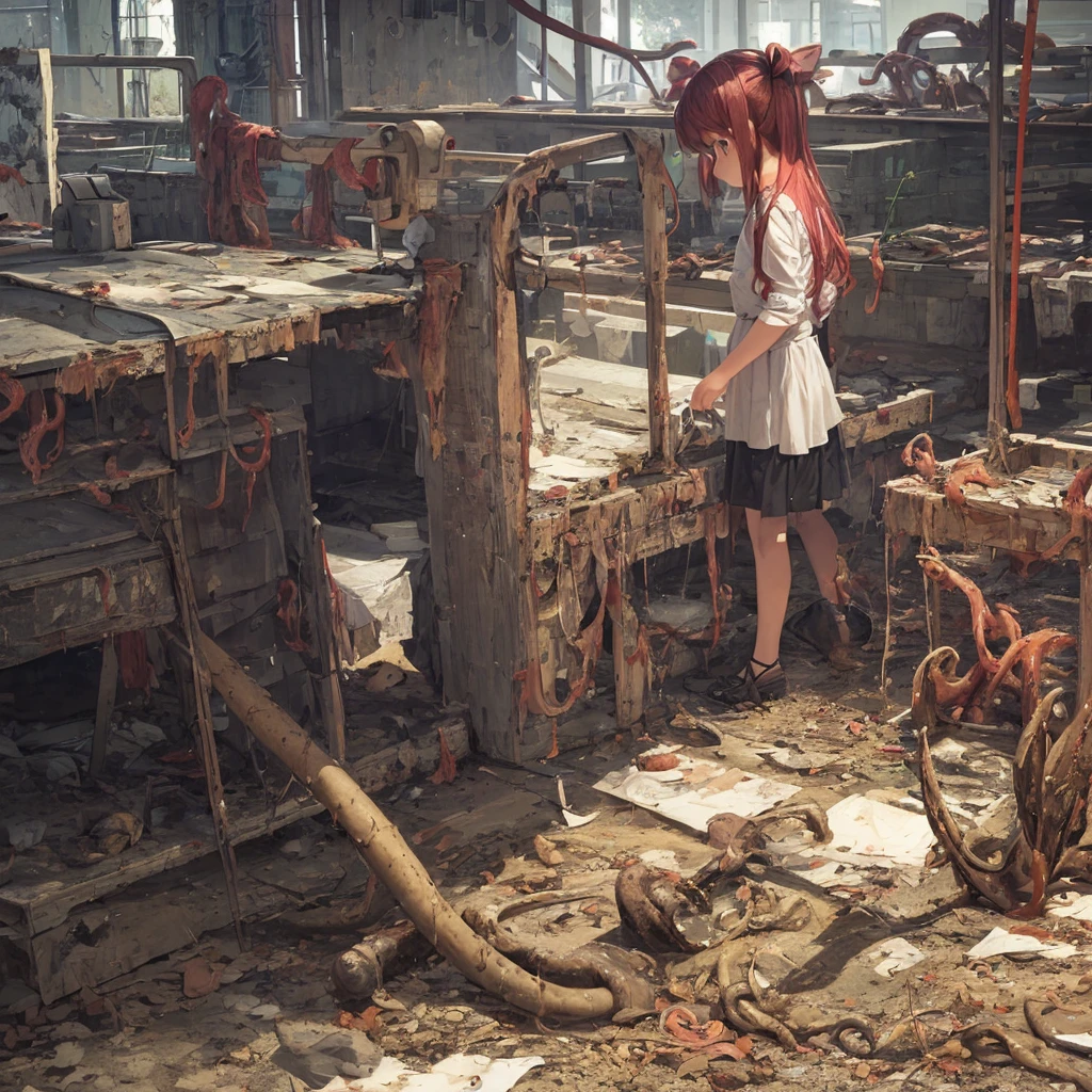 Girl captured by tentacles in abandoned factory　Tentacles in a skirt　Pants fabric texture　