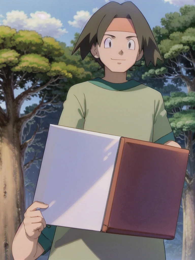 Tracey, solo, smile, shirt, 1boy, closed mouth, upper body, male focus, outdoors, sky, cloud, black eyes, green shirt, anime coloring