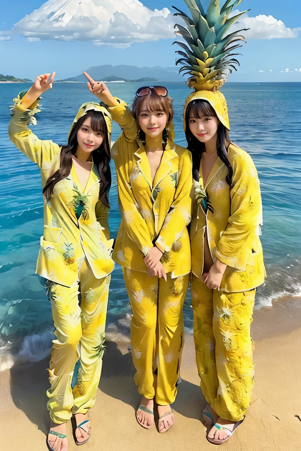 (Pineapple Suit:1.5), (Beautiful 3girls:1.3), (Japanese idle:1.4), summer, sea,