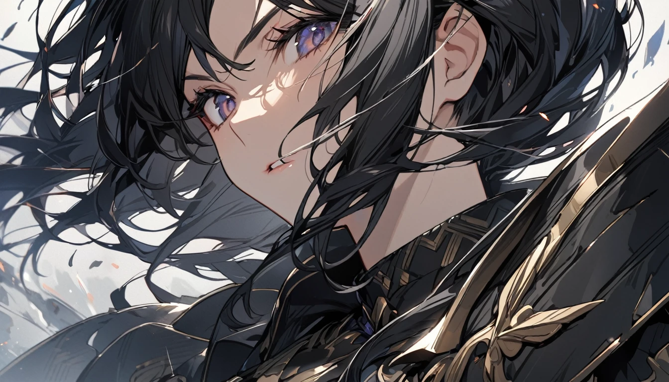 A beautiful female warrior with long black hair and wearing black armor, close-up of her upper body