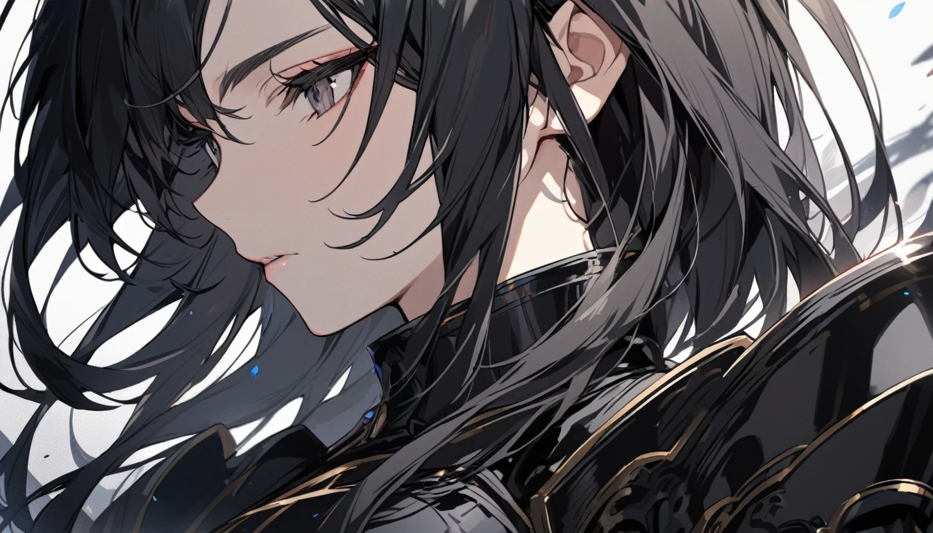 A beautiful female warrior with long black hair and wearing black armor, close-up of her upper body
