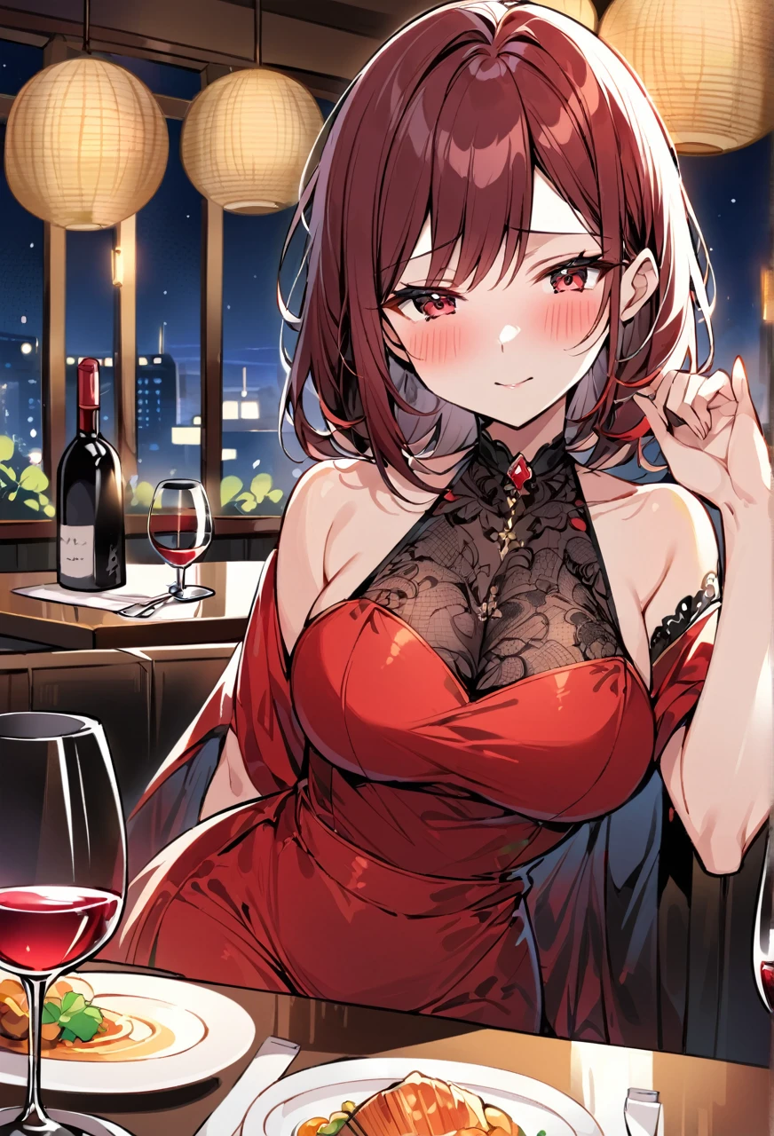 Adult Female, Mature, shy, blushing, short messy dark red hair, shoulder length hair, beautiful make up, red dress, sitting in front, dinner table, fancy resturant, table with wine, night time, window seat view, highly detailed, best detail, excellent detail, perfect anatomy, perfect hands, perfect fingers