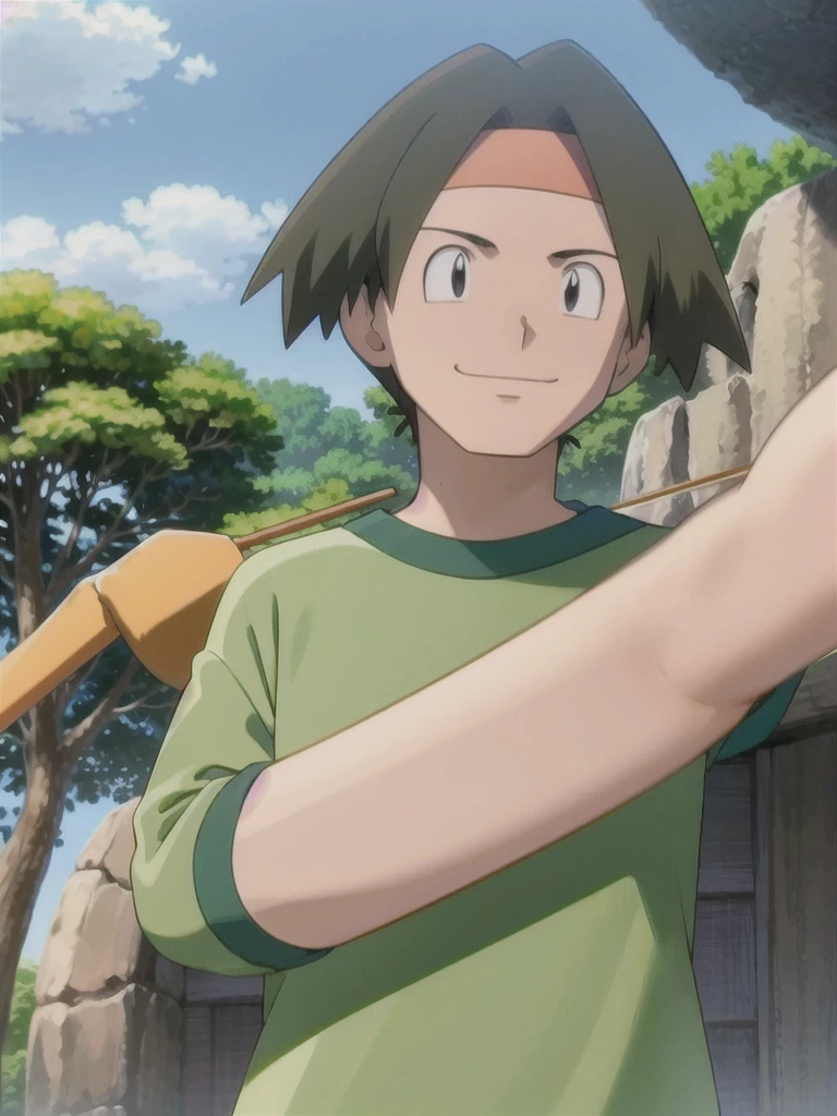 Tracey, solo, smile, shirt, 1boy, closed mouth, upper body, male focus, outdoors, sky, cloud, black eyes, green shirt, anime coloring