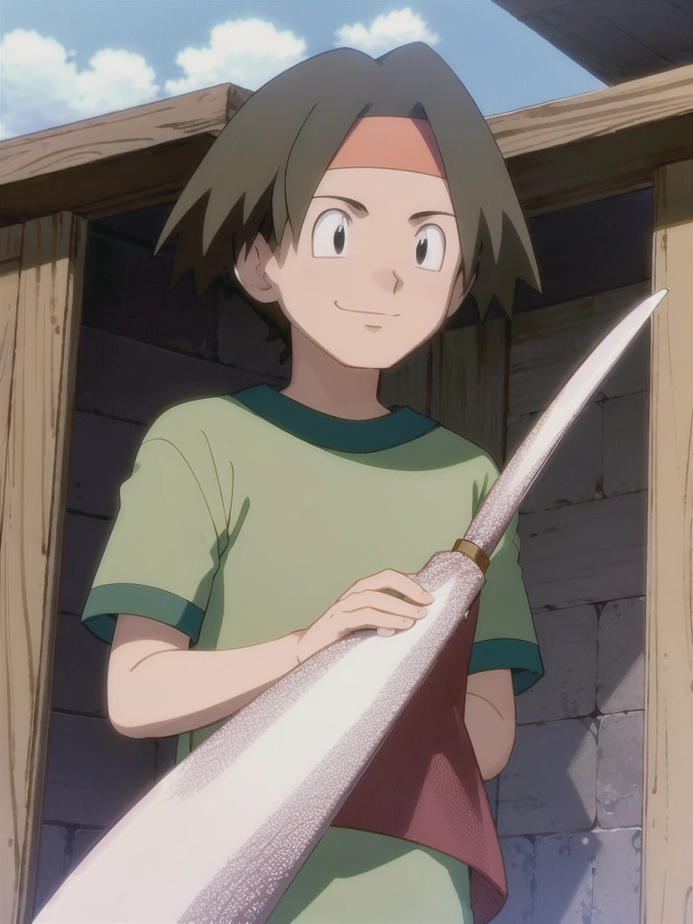 Tracey, solo, smile, shirt, 1boy, closed mouth, upper body, male focus, outdoors, sky, cloud, black eyes, green shirt, anime coloring