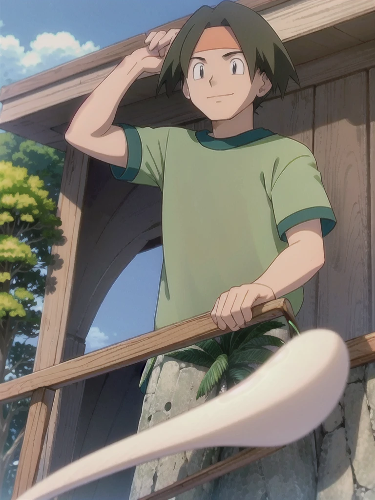 Tracey, solo, smile, shirt, 1boy, closed mouth, upper body, male focus, outdoors, sky, cloud, black eyes, green shirt, anime coloring