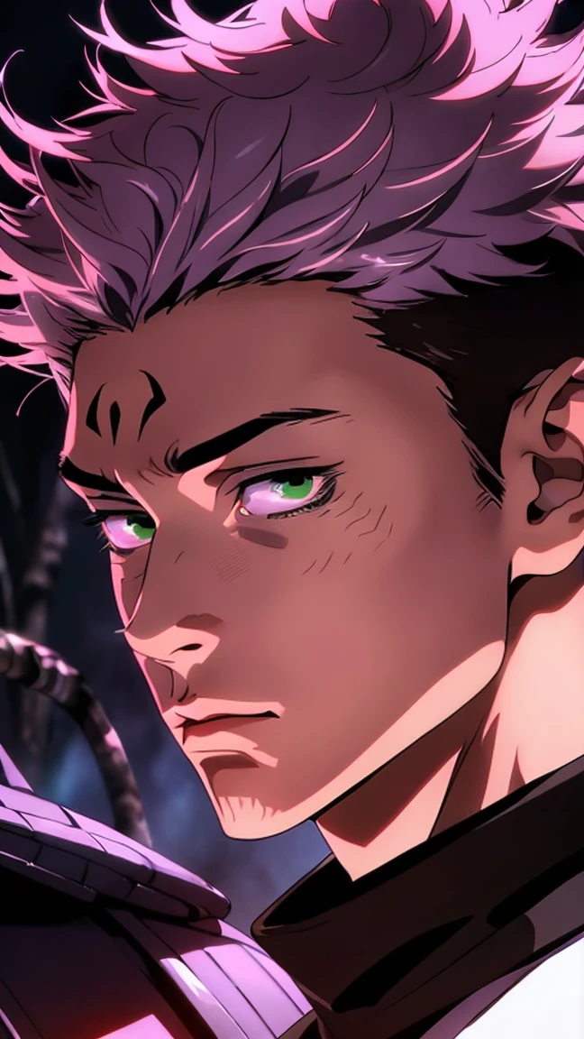 highest quality, 8K, high resolution image, anime style Jujutsu Kaisen, (Ryomen Sukuna), detailed strokes, bored look , blurred, purple light reflecting from it, (close angle), 1 man, young, male, model, hand in pocket, cool guy, multicolored Background with various geometric shapes, around stickers, muscular, dark pink hair, spiky hair , short Hair, swollen chest, green Eyes, withe shirt, black sweater, sweatpants,
Background: big City, Streets, Park, People, blue sky, Cars, Bike