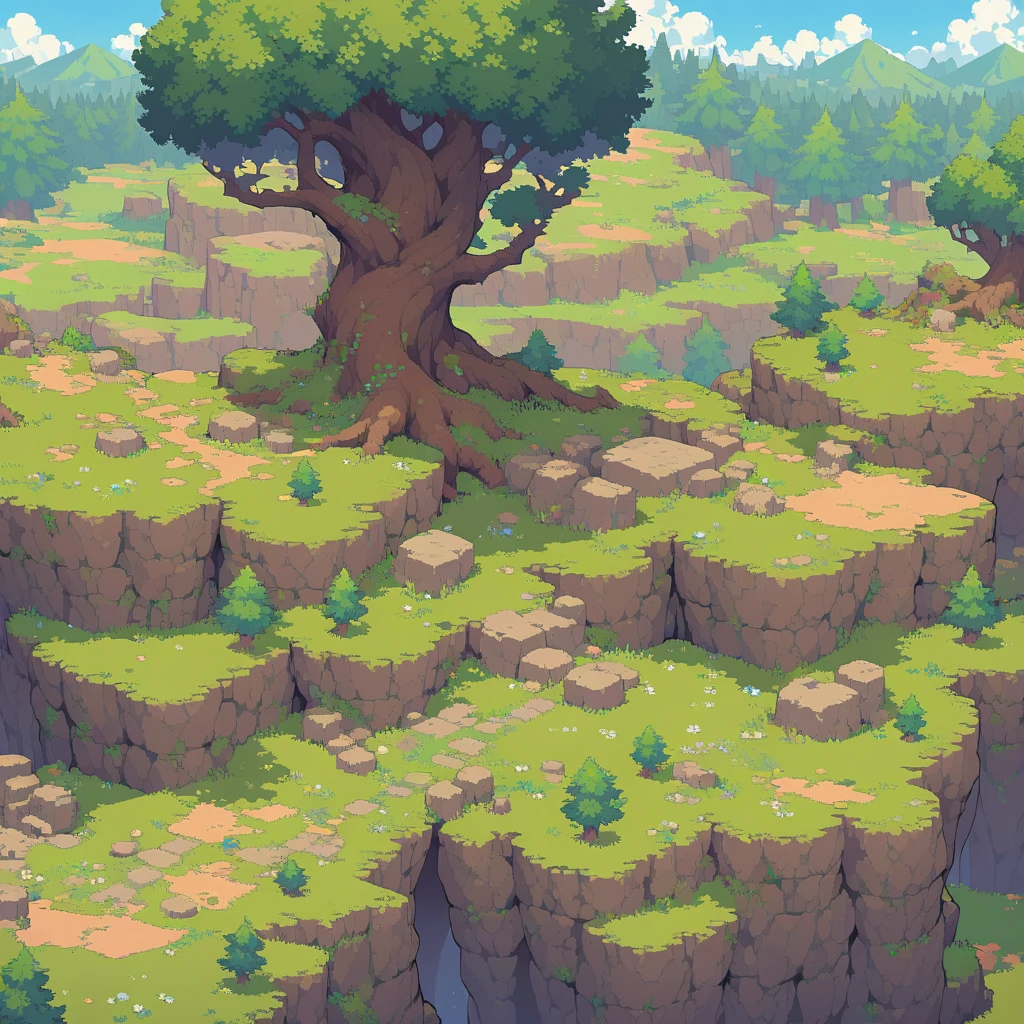 retro video game style,pixelated, vibrant pastel colors,8-bit characters,blocky shapes,sharp lines,detailed shading,classic gaming vibe,nostalgic atmosphere,classic arcade games,masterpiece:1.2,ultra-detailed,illustration style, 2d texture, stone texture, 4 k seamless mud texture, video game texture, dirt texture, tileset, game tiles, grass, 3/4th perspective trees, 3/4th perspective tileable rock texture, 3/4th perspective tileable cliff formations, tileable trees, topdown view, game texture, game art, tileable texture, very detailed cliff texture, intricate stones, top down view, 3/4th perspective