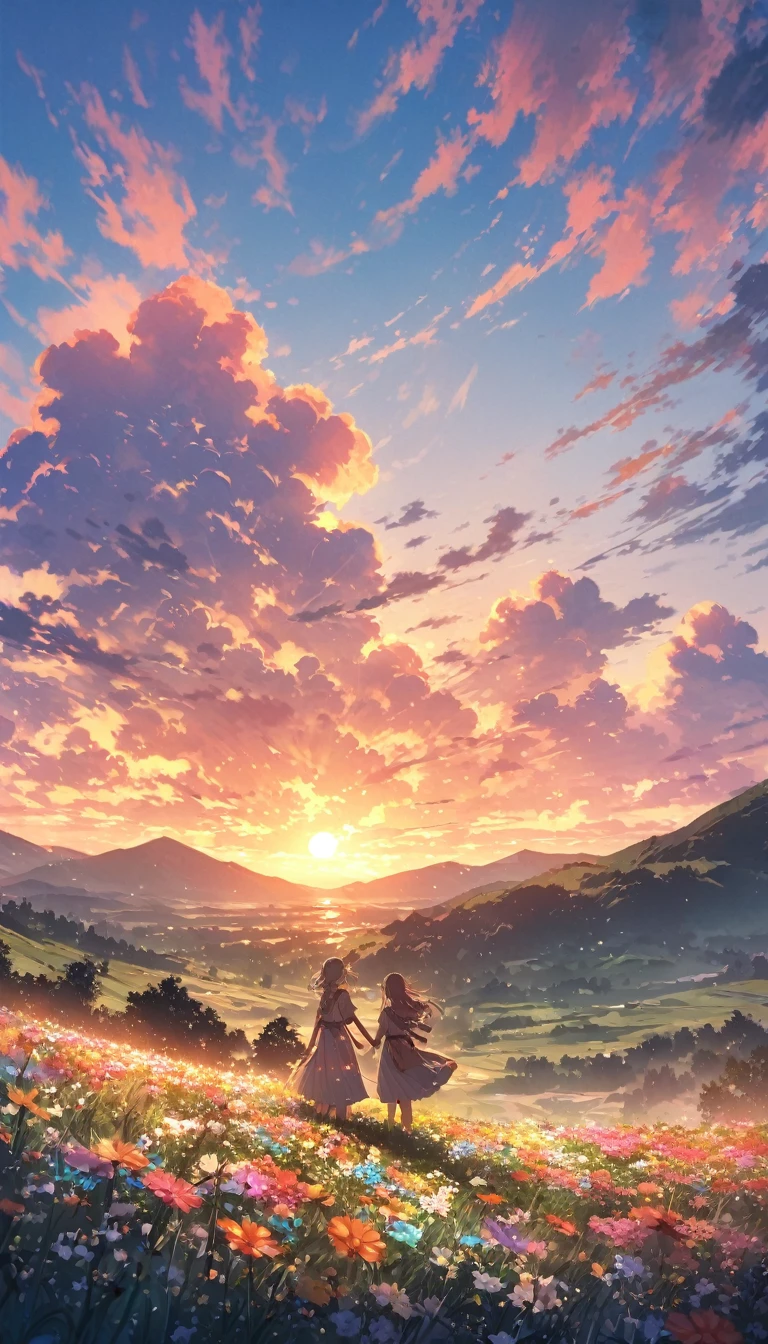 "Illustrate a serene, peaceful nature scene in summer with vivid, beautiful colors in photorealistic 8K quality. Show an 18-year-old anime girl standing on a lush mountain, reaching towards the endless sky painted in hues of orange and pink, facing away from the screen. Below her, green meadows bloom with colorful flowers, while distant peaks bask in the warm glow of the setting sun. The evening light inspires peace, awe, and tranquility. Ensure the image is a masterpiece with intricate details and stunning visual quality."