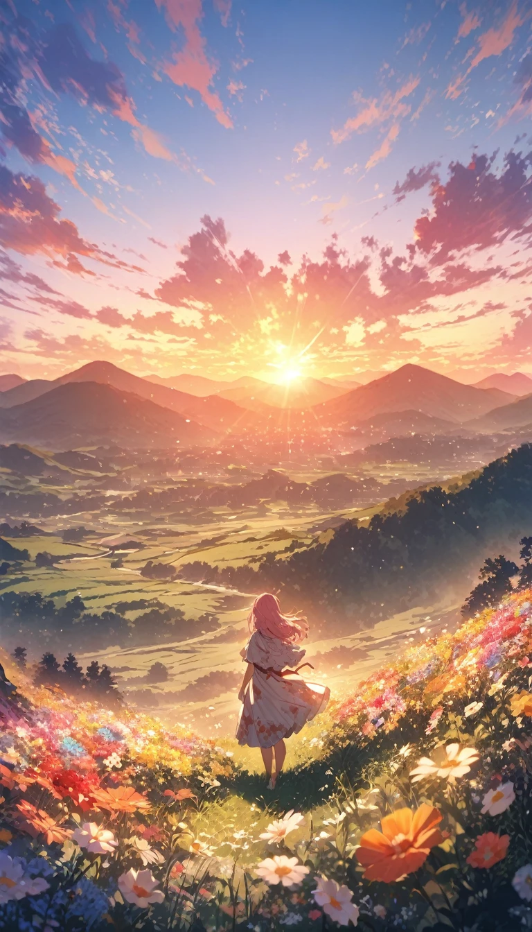 "Illustrate a serene, peaceful nature scene in summer with vivid, beautiful colors in photorealistic 8K quality. Show an 18-year-old anime girl standing on a lush mountain, reaching towards the endless sky painted in hues of orange and pink, facing away from the screen. Below her, green meadows bloom with colorful flowers, while distant peaks bask in the warm glow of the setting sun. The evening light inspires peace, awe, and tranquility. Ensure the image is a masterpiece with intricate details and stunning visual quality."