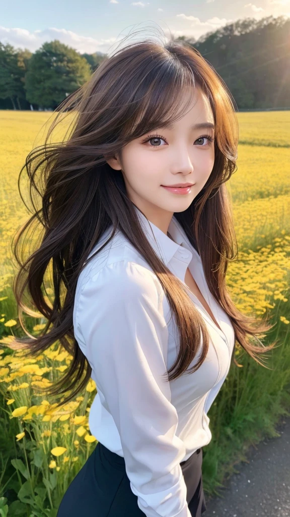 highest quality、genuine、Super detailed、finely、High resolution、8k wallpaper、one beautiful woman、、、light brown disheveled hair、wearing a business suit、sharp focus、perfect dynamic composition、beautiful and detailed eyes、thin hair、Detailed genuine skin texture、smile、model body shape、In a windswept meadow