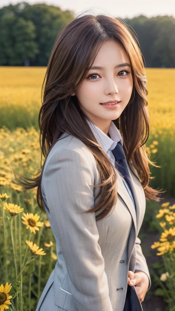 highest quality、genuine、Super detailed、finely、High resolution、8k wallpaper、one beautiful woman、、、light brown disheveled hair、wearing a business suit、sharp focus、perfect dynamic composition、beautiful and detailed eyes、thin hair、Detailed genuine skin texture、smile、model body shape、In a windswept meadow