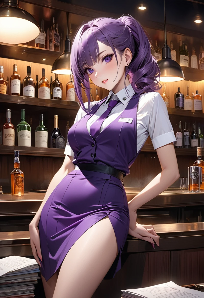 Ultra-realism Bar Woman clerk The atmosphere is purple and sexy.