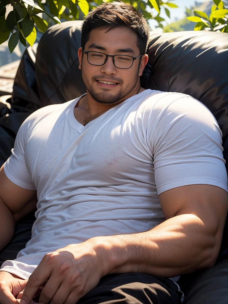 crew cut, (((full body))), (((landscape))), mature man, [slightly fat], asian man, rounded face, brown eyes, ((rounded face)), glasses, balding, 1boy, Solo, (big shoulders), (((stubbles, Short beard))), (Best Quality:1.2), (high resolution:1.2), (beautiful face and eye:1.5), (sharpest focus:1.2), (Ultra-realistic Photo:1.2), (Ultra-precise Photo:1.2), (Depth of field:1.2), (8k high resolution:1.2). (perfect anatomy:1.2), 
(nice hands:1.5), (perfect hands:1.5), (Cynical smile:1.2), (A very young and beautiful Chinese man:1.0), (lying down quietly with closed sick eyes:1.2), (At the top of a steep rocky mountain:1.2), 
(Stars of Leo twinkling in the night sky:1.2), (Looking down angle:1.2), (holding a drawn sword:1.0), (Chinese warrior with very light armor and beat-up arms:1.0), 