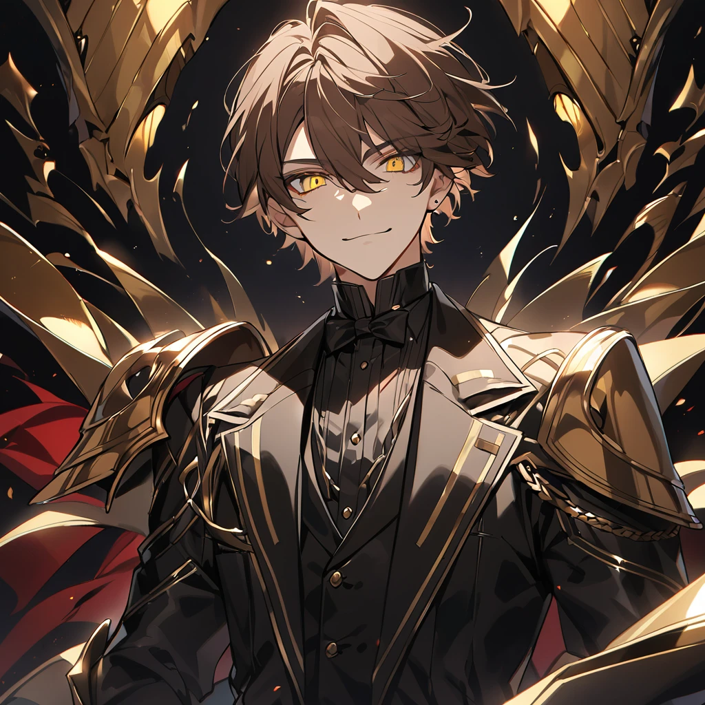Handsome male, white male, 1male, 17 years old, teenager, golden lining, short brown hair, flat cut hair, sharp eyes, gold eyes, devil may cry, close up, calm expression, stoic, black leather clothes, upper body, looking at viewer, full-body shot, black background, black dragon background, Handsome, solo, male, short hair, brown hair, hair middle part, yellow eyes, smile facial, black tuxedo, red accents, white trim on tuxedo, black pant, giant gold gauntlets, golden energy