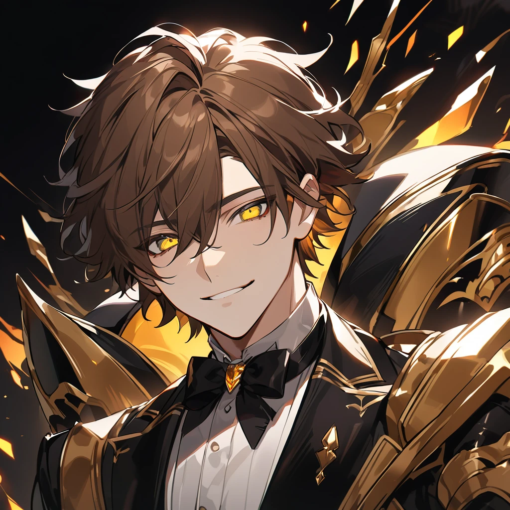 Handsome male, white male, 1male, 17 years old, teenager, golden lining, short brown hair, flat cut hair, sharp eyes, gold eyes, devil may cry, close up, calm expression, stoic, black leather clothes, upper body, looking at viewer, full-body shot, black background, black dragon background, Handsome, solo, male, short hair, brown hair, hair middle part, yellow eyes, smile facial, black tuxedo, red accents, white trim on tuxedo, black pant, giant gold gauntlets, golden energy