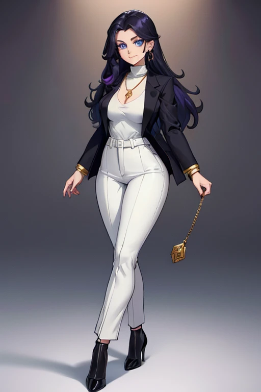 female, pale purple long hair, blue eyes, (((1girl))), (((black blazer))), (white turtleneck shirt), (tan pants), (black heels), (necklace with gold pendant), cute and sexy, full body, big breasts, long legs, smiling