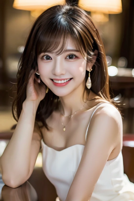  Highest quality, masterpiece, High resolution, Photorealsitic,  8k wallpaper,  Professional Lighting,  ((One beautiful woman)), ((Sexy 28 year old woman))、 (In the hotel lobby）, （White Dress）, （View your viewers）, Detailed face,  （(Sit with good posture)）, Light brown straight hair, Japanese、Earrings、necklace、Smile a little、((I can see your knees))、