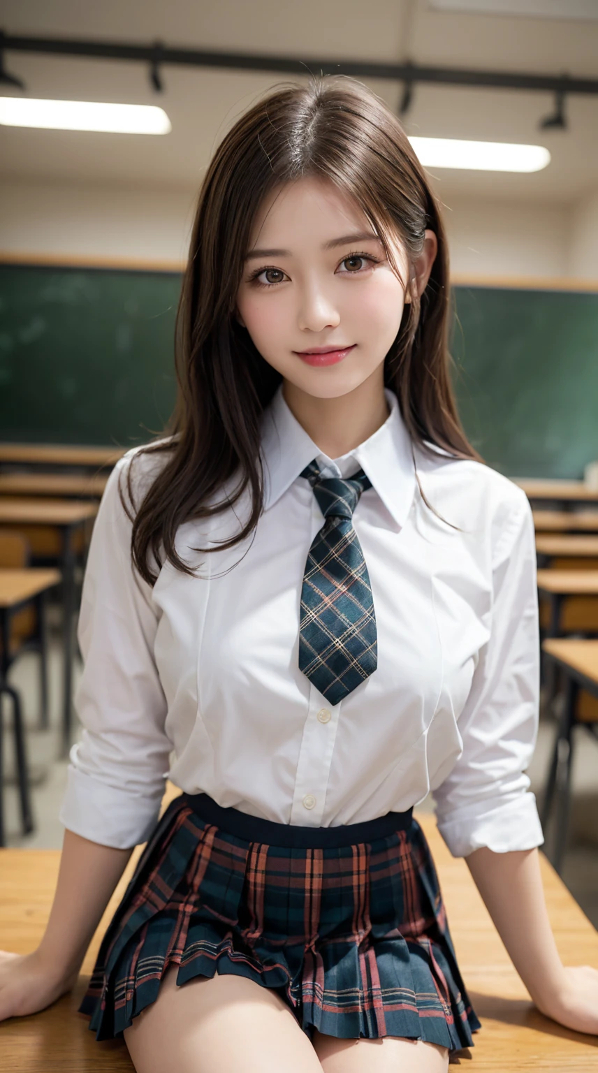highest quality、8k、best image quality、Award-winning work), two beautiful women、1 lady, radiant beautiful skin , masterpiece、top-quality、The ultra -The high-definition、depth of fields、lens flare ,、brown hair, large breasts, 36F breasts, watching at viewers glares, large breasts ,perfect legs, model pose, view from below, smiling ,
(School uniform, tie , Pleated tartan skirt:1.3)