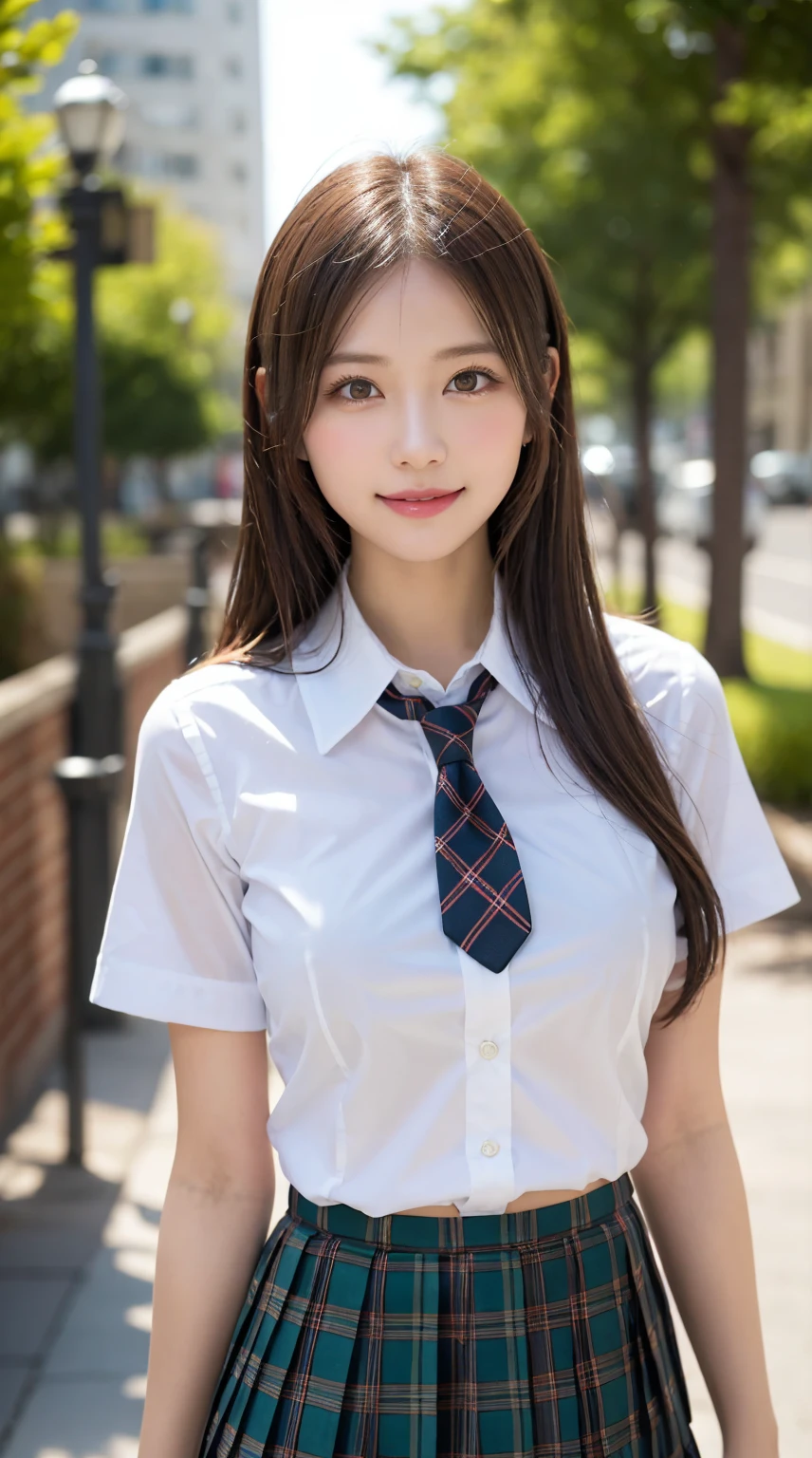 ​highest quality、8k、best image quality、Award-winning work), two beautiful women、1 lady, radiant beautiful skin , masterpiece、top-quality、The ultra -The high-definition、depth of fields、lens flare ,、brown hair, large breasts, 36F breasts, watching at viewers glares, large breasts ,perfect legs, model pose, view from below, smiling , 
(School uniform, tie , Pleated tartan skirt:1.3)