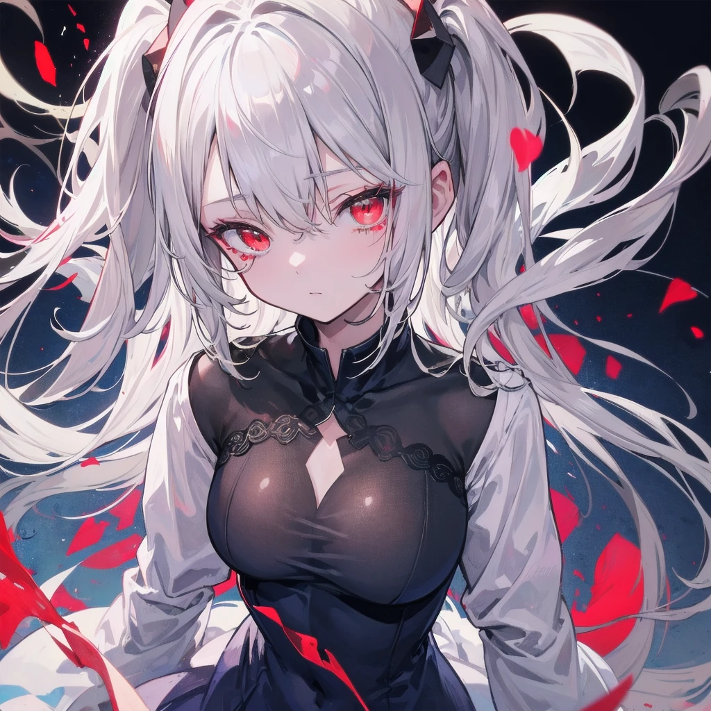 A once-in-a-millennium masterpiece, A photo that can never be taken again, Absurd high resolution, (Expressionless), (Red tears flow from the eyes:1.2), vampire, woman, Silver Hair, Red eyes, Big eyes that draw you in, White clothes, Red dyed clothes,There are red spots all over, Red from the mouth,Cowboy Shot、Official Art