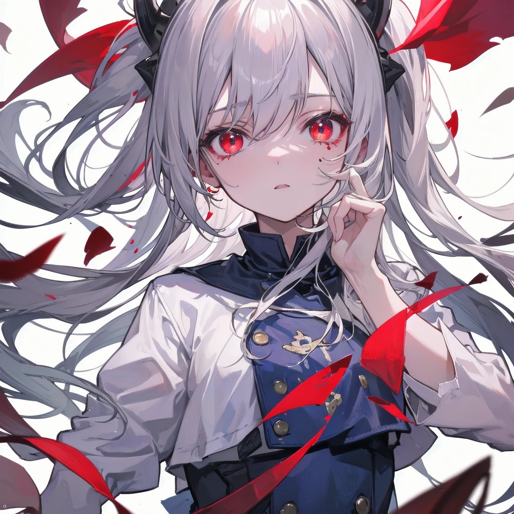 A once-in-a-millennium masterpiece, A photo that can never be taken again, Absurd high resolution, (Expressionless), (Red tears flow from the eyes:1.2), vampire, woman, Silver Hair, Red eyes, Big eyes that draw you in, White clothes, Red dyed clothes,There are red spots all over, Red from the mouth,Cowboy Shot、Official Art