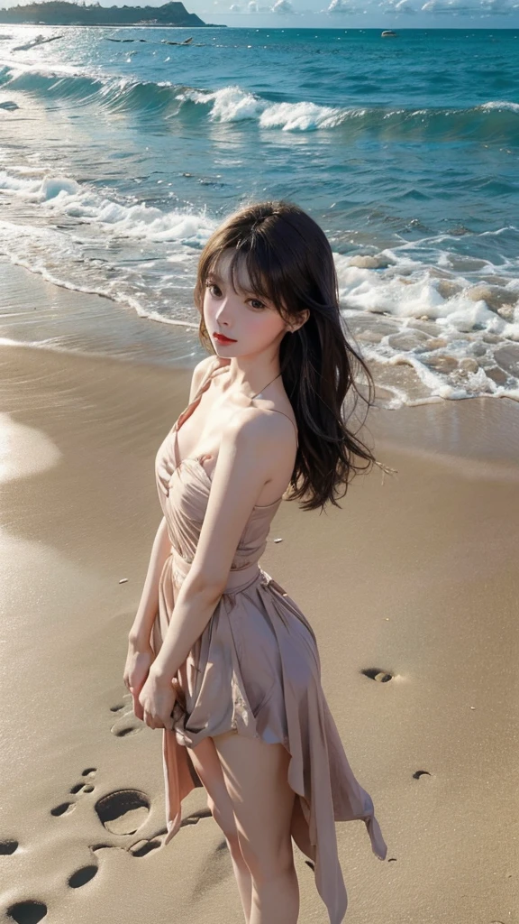 一個穿著比基尼的少女站在on the beach,Full body close-up,Beach background,on the beach