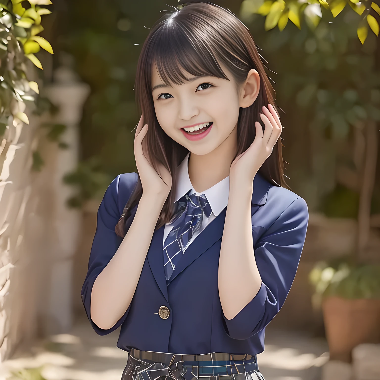 (Highest quality, masterpiece:1.2), Highest quality, High resolution, 1080P, 8k, height: 165cm, ((A noble and intelligent succubus who looks like a best proportion Japanese young lady is giggling while magically hypnotizing the viewer)), ((So sweet, very noble, cute and pretty Japanese beautiful cute girl)), ((A real, very girly, sweet, cute and noble girl)), ((((A smiling beautiful Japanese cute fashion model)))), ((((Very pure white face and limbs)))), Glossy Lips, (Evenly cut bangs), ((Very beautiful, smiling, droopy, cute, pure, noble brown eyes)), ((Super long, straight black hair that reaches the floor)), Very shiny, Glossy Lips, Open hand over open mouth, Beautiful straight hair like a hair model, Watch and laugh at your audience, ((Incredibly well organized, Rich facial expressions. Plump and beautiful white skin and face)), ((Pure, clear, gentle smiling brown eyes)), ((Smile at me)), Glossy Lips, ((noble and elegant)), ((As the succubus charms you with her magic and giggles)), ((((Succubus is fascinating, calling to the depths of eternity)))), Very beautiful blue skirt, ((Large upward-curving lips)), ((Look directly at the viewer)), White Hand, (((Navy Japanese school blazer with noble emblem))), ((Navy and sapphire blue Japanese school uniform)), ((Tartan check pattern pleated long skirt)), ((Blue string ribbon tie)), ((((An ecstatic expression of boundless joy)))), ((fantastical white garden background)), tongue, Shampoo promotional image