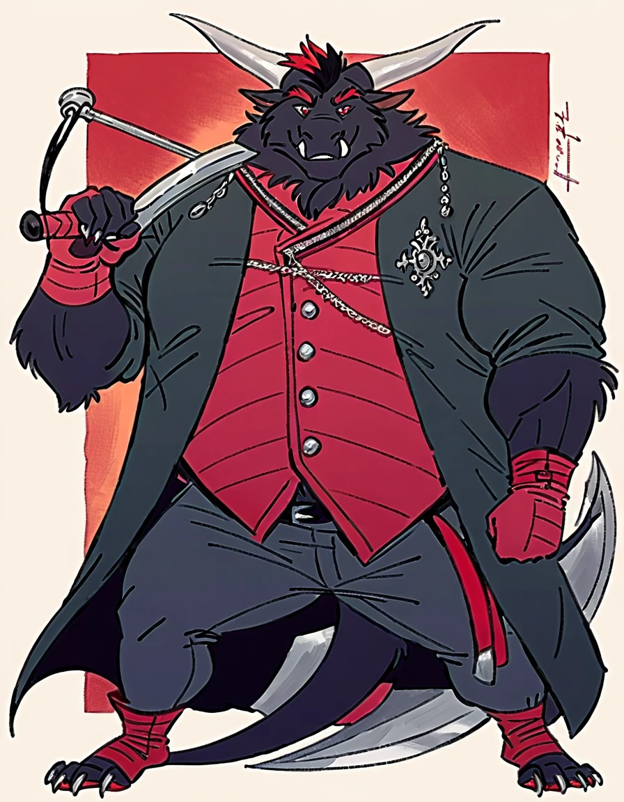 Anthropomorphic dragon his physique is achieved through a meticulous distribution of muscle and fat that creates a sense of comfort and approachability. Black scales. Black fur. Black Hair. Skin is a rich, deep black, with a subtle shimmer. His eyes are a piercing shade of Imperial red, framed by thick eyebrows. His attire, a black gambeson padded overcoat fabric vest with striking red salmon accents and intricate silver metal ornaments, is both functional and symbolic. The gambeson, a padded garment, is tailored to allow for a full range of motion, emphasizing his agility despite his size. The silver metal ornaments. Fur is predominantly black with salmon red-colored highlights. The fur on his torso and limbs is dense. His chest hair is kept at a moderate length. Large axe like fangs. Wield a slashing blade in a rapier-like's hilt. Ox guard stance pose. His predominant color is black and he got imperial red details. Anthro Artist Taran Fiddler art Style, olhos detalhados, Olhos lindos, escalas detalhadas.