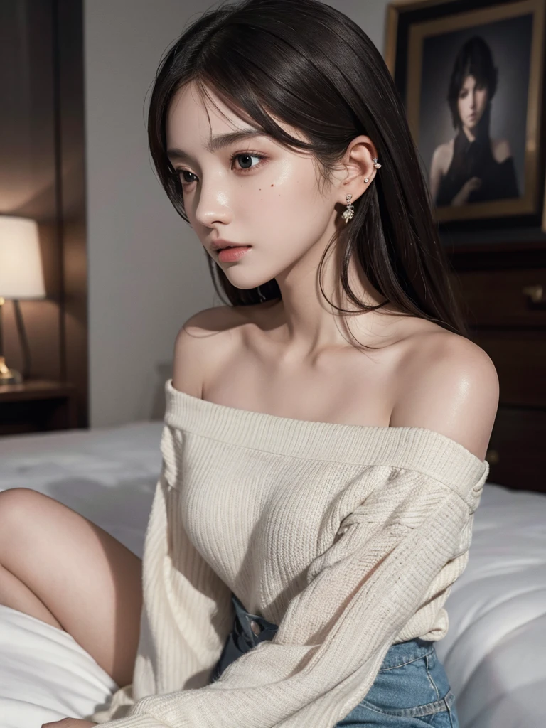 absurdres, RAW photo, extremely delicate and beautiful, masterpiece, Best Quality, ultra high resolution, 32k, hyperrealistic, ultra-detailed, perfect anatomy, super Detailed skin, perfect figure, Super Beauty, Perfect Style, Perfect balance, in her 20s, very small head, very small face, delicate facial features, tearful mole, earring, very huge round breasts, medium hair, full body shot, bare one shoulder, collared shirt, bed, indoor,