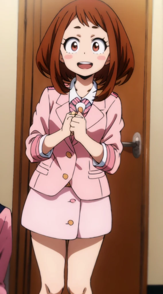 ochaco_uraraka, 1girl, solo, pink skirt suit, necktie, blush_stickers, pink pencil skirt, open_mouth, looking_at_viewer, smile, pink blazer, :d, long_sleeves, teeth, shirt, white_shirt, blush, cowboy_shot, standing, indoors, office, full_body, high_heels