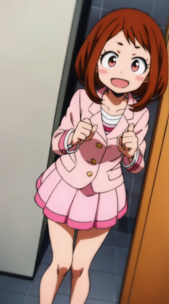 ochaco_uraraka, 1girl, solo, pink skirt suit, necktie, blush_stickers, pink pencil skirt, open_mouth, looking_at_viewer, smile, pink blazer, :d, long_sleeves, teeth, shirt, white_shirt, blush, cowboy_shot, standing, indoors, office, full_body, high_heels