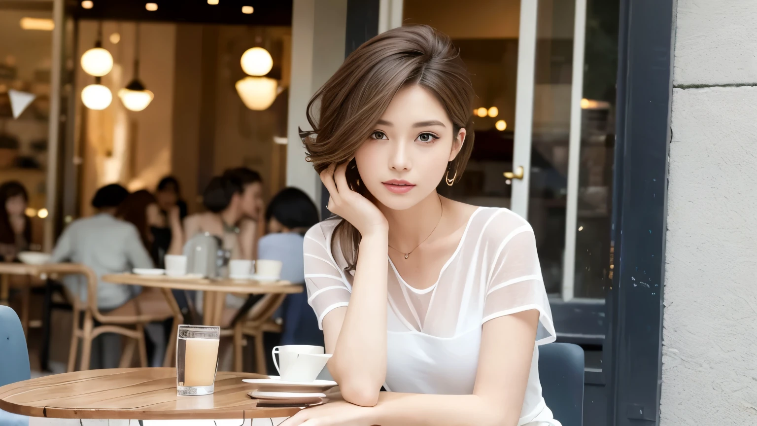 super high quality, Fashion Model, Slenderのネックレス, Slender, The staff is working at the counter in the back., (8k、RAW Photos、Highest quality、masterpiece:1.2), Stylish café, Fashion magazine photoshoot, (Realistic、Photorealistic:1.37), Beautiful Face , Mesh Hair, Urban Cafe, Golden Ratio, Raw photo, Small breasts, Bright cafe interior, Blurred Background, Famous actress, Summer clothes, Beauty, Cafe Terrace, Open Cafe, Photographed inside the cafe, 20-year-old, Hair blowing in the wind, Neat clothes, Very Short Hair, Cool older sister, Stylish clothes, 
