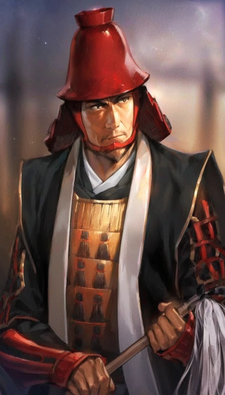 A high-resolution 4K vertical photograph of a samurai warrior inspired by the provided illustration. The samurai is wearing a distinctive red helmet shaped like an upside-down bowl and traditional black armor with red accents. He has a determined expression and is holding a weapon. The background is softly lit, adding to the intensity of his demeanor. The atmosphere is serious and reflects the warrior's readiness for battle.