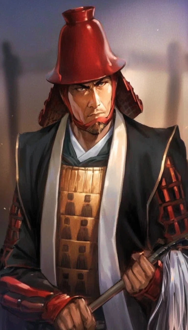 A high-resolution 4K vertical photograph of a samurai warrior inspired by the provided illustration. The samurai is wearing a distinctive red helmet shaped like an upside-down bowl and traditional black armor with red accents. He has a determined expression and is holding a weapon. The background is softly lit, adding to the intensity of his demeanor. The atmosphere is serious and reflects the warrior's readiness for battle.