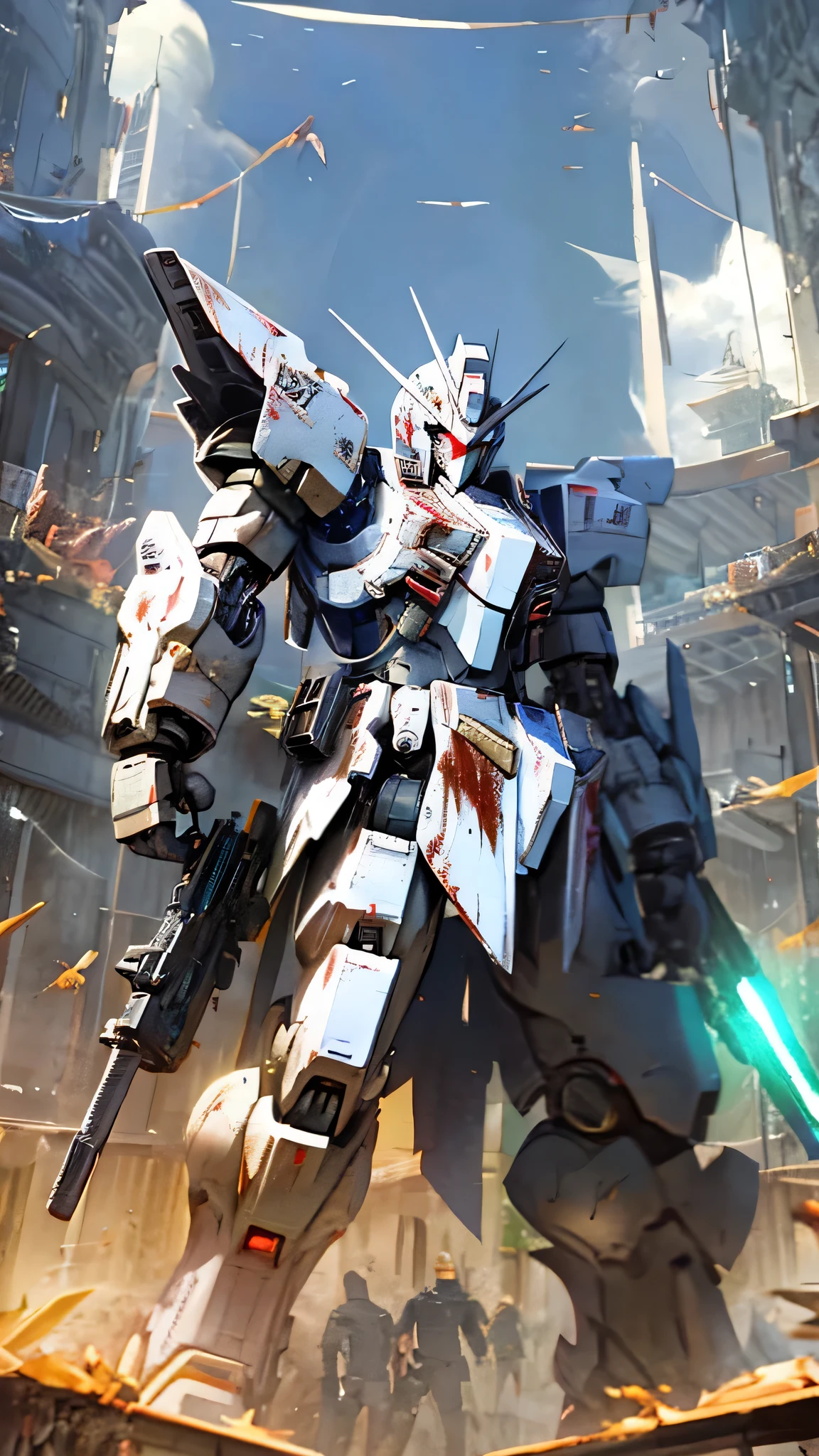 最high quality、Best image quality、masterpiece、Giant Mecha((humanoid、Railgun、Bulletproof vest、Jetpack、Red visor、Run、Assault rifle,Full of wounds,gas mask、Gold Color、Fighting Pose、Muscular,Blood splatter))high quality、Beautiful art、background((underground,Fighting the monsters)),Tabletop、Exquisite design、Visual Arts、Written boundary depth、Best lighting、The finest details、8k