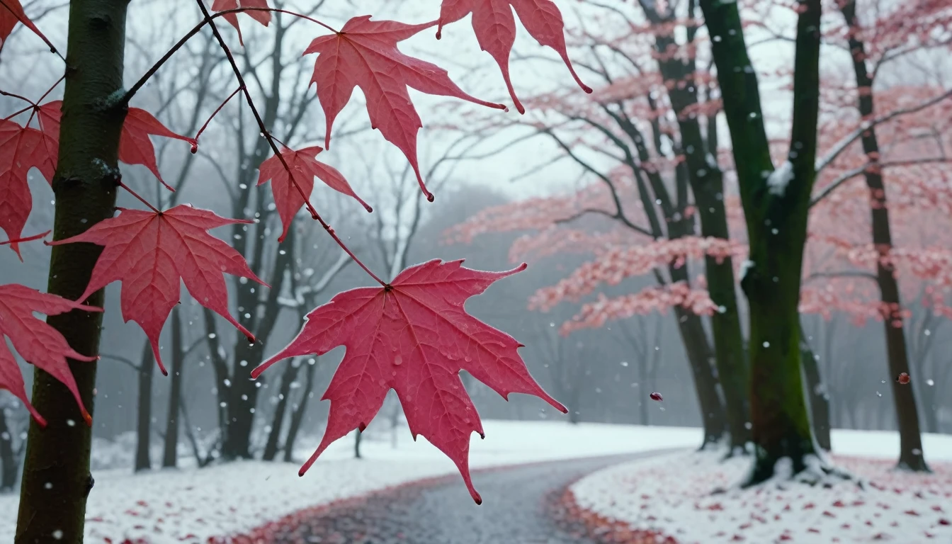 light pink leaves,winter leaves, magical round leaves leaves falling, snow is falling thinly,nature documentry footage, youtube video screenshot, today's featured photography 4k, autumn rain turkel, nature photography 4k, november, cinematic widescreen shot, leaves and magic, high quality screenshot, 2 0 2 1 cinematic 4 k framegrab, wide screenshot
