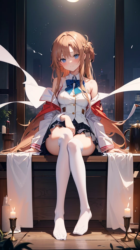 ((masterpiece, Highest quality, High resolution, 超High resolution, Pixel Perfect, Written boundary depth, 4K, RTTX 10.0, Human Development Report))), 1 girl, single, alone, beauty、View the whole body、 ((Long Hair, Short Liuhai, Reddish brown hair)), ((blue eyes, Beautiful eyelashes, Realistic eyes)), ((Detailed face, blush:1.2)), ((Smooth texture:0.75, Vibrant texture:0.65, Vibrant:1.1, Anime CG style)), Medium chest, Perfect body, smile, attractive way to sit, Brewing tea in a teapot, (The wind makes my hair flutter,Exposing shoulders、Expose your breasts) , It snows heavily at night、(((Showing panties:1.3)))、M-shaped legs:1.4 Highest, masterpiece, High resolution, (Head to toe full body view), front, frontComposition from slightly below, Symmetric, Tall 18 year old girl, alone, (Head to toe), (Small breasts), Unkempt brown hair,(White luxury lingerie), (Sit with your legs apart), (Crouching pose), (A composition showing white panties), (Her legs were spread、I see your white pants.), (I was made to sit on the floor with my legs spread...),((((M-shaped legs:1.4))))
, Thin legs, A very beautiful and tall 18 year old girl, (No shoes), blush, Shy big eyes, looking at the camera, (((Blazer Uniform, Checkered Pleated Skirt)))、((Vulgarity)),