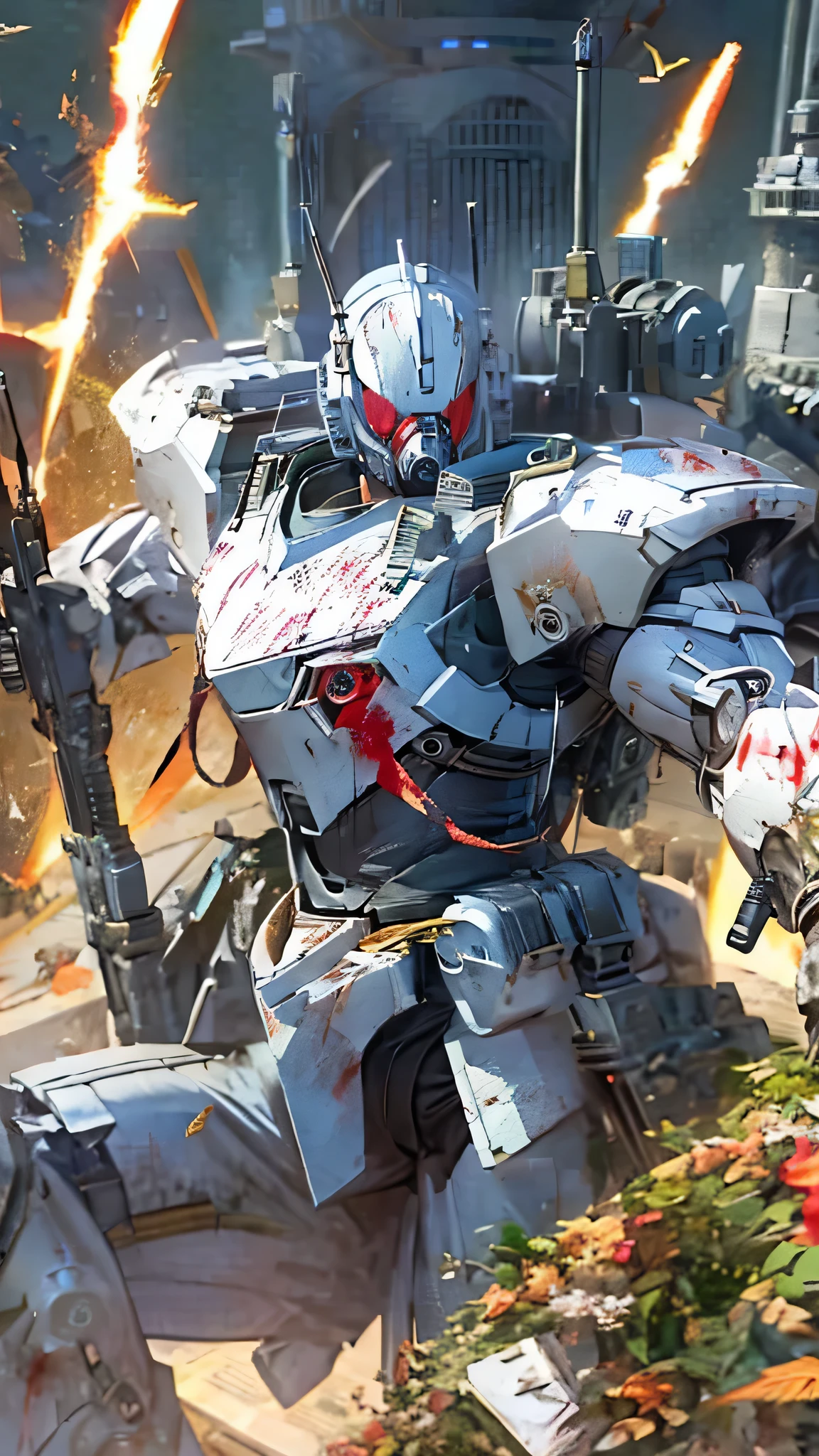 最high quality、Best image quality、masterpiece、Giant Mecha((humanoid、Railgun、Bulletproof vest、Jetpack、Red visor、Run、Assault rifle,Full of wounds,gas mask、Gold Color、Fighting Pose、Muscular,Blood splatter))high quality、Beautiful art、background((underground,Fighting the monsters)),Tabletop、Exquisite design、Visual Arts、Written boundary depth、Best lighting、The finest details、8k