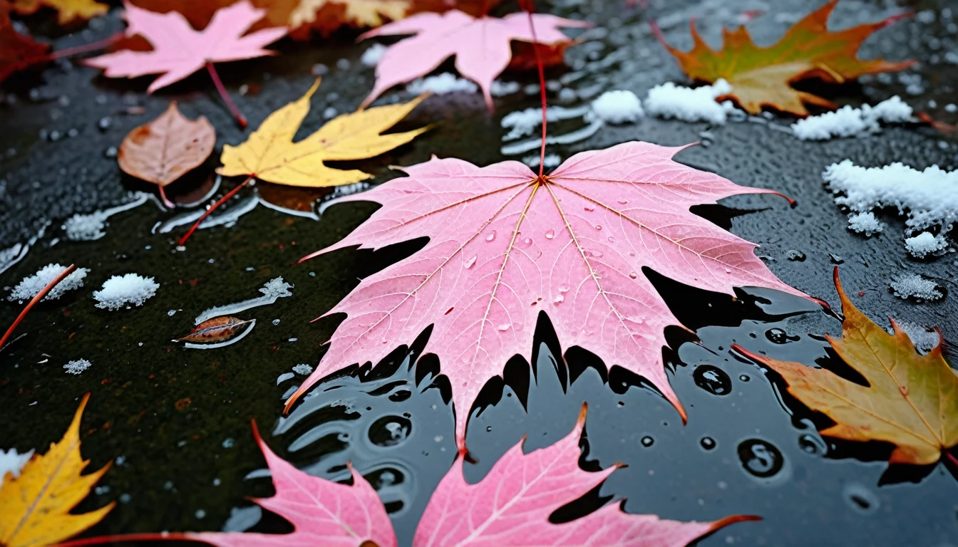 light pink leaves,winter leaves, magical round leaves leaves falling, snow is falling thinly,nature documentry footage, youtube video screenshot, today's featured photography 4k, autumn rain turkel, nature photography 4k, november, cinematic widescreen shot, leaves and magic, high quality screenshot, 2 0 2 1 cinematic 4 k framegrab, wide screenshot