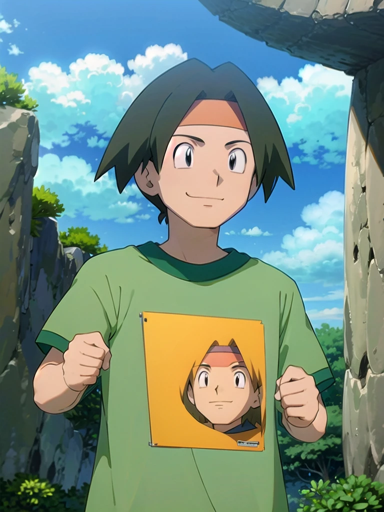 Tracey, solo, smile, shirt, 1boy, closed mouth, upper body, male focus, outdoors, sky, cloud, black eyes, green shirt, anime coloring