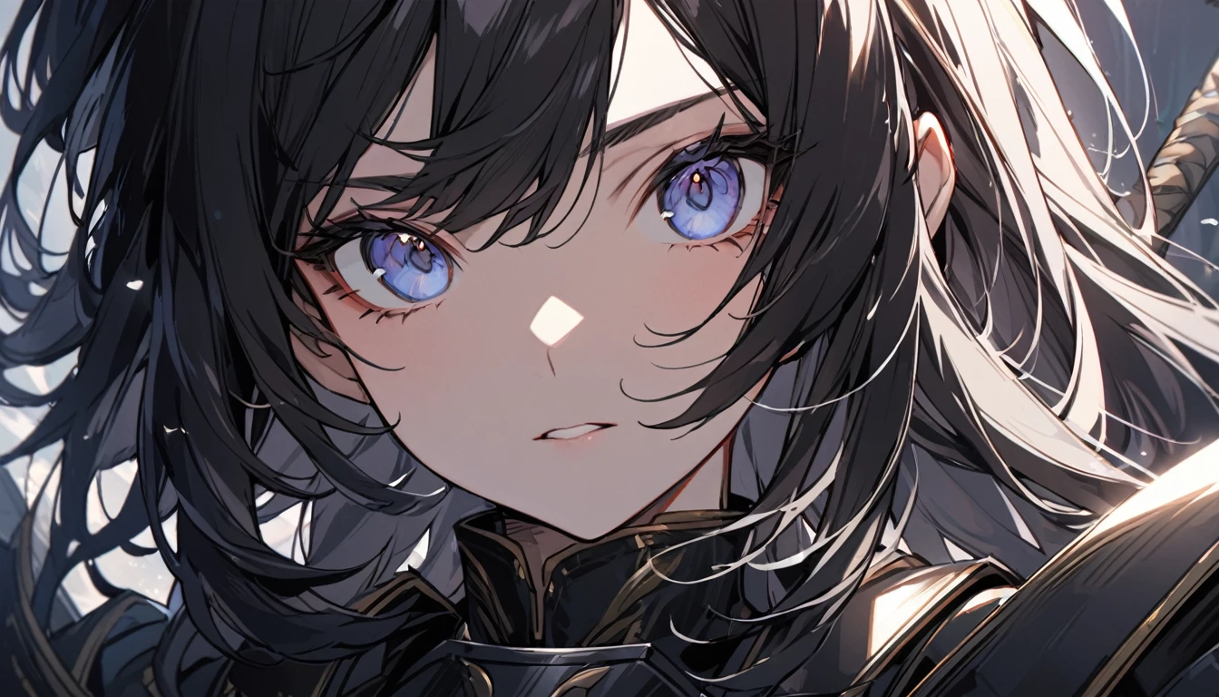 A beautiful female warrior with long black hair and wearing black armor, close-up of her upper body