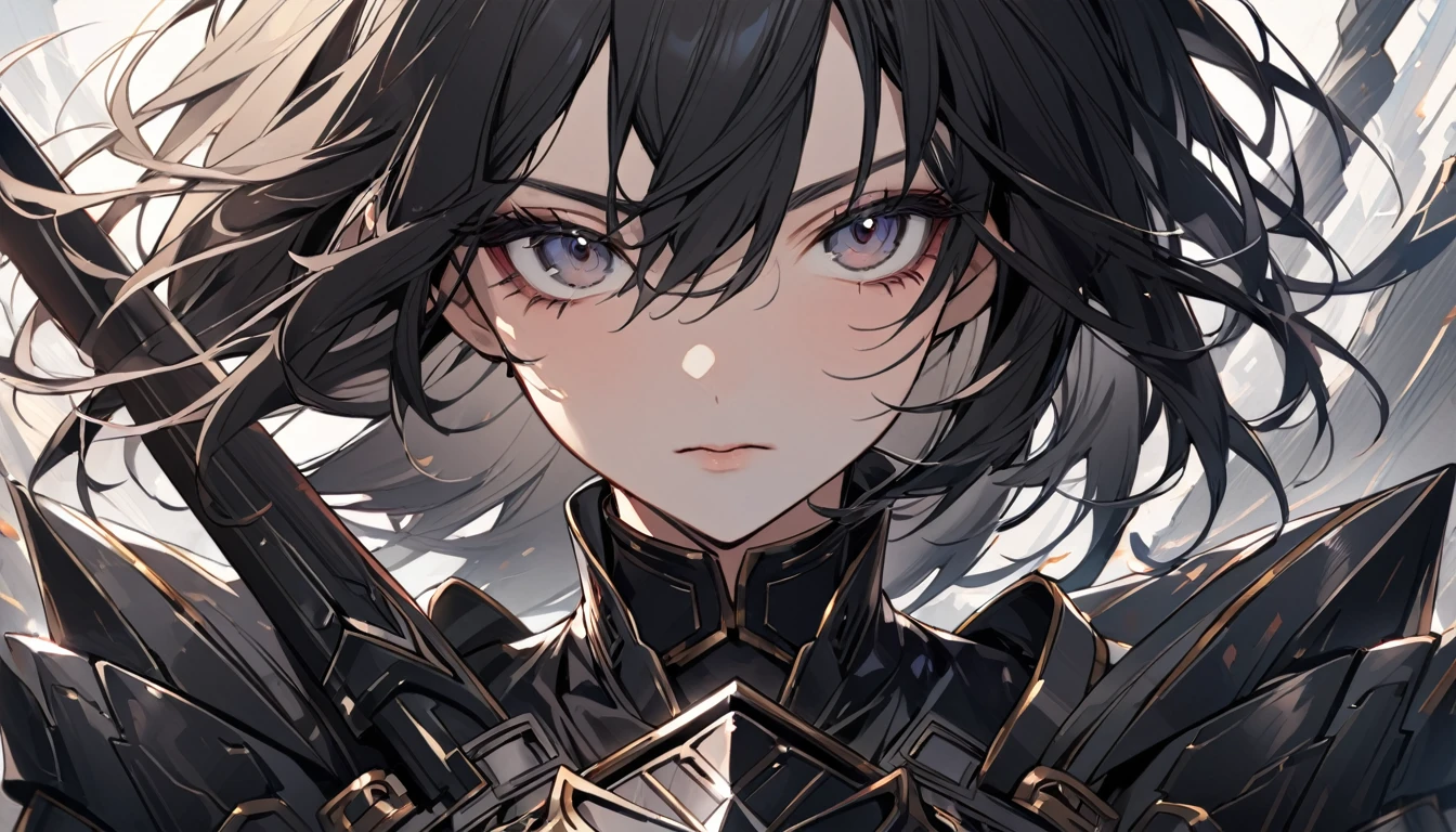 A beautiful female warrior with long black hair and wearing black armor, close-up of her upper body