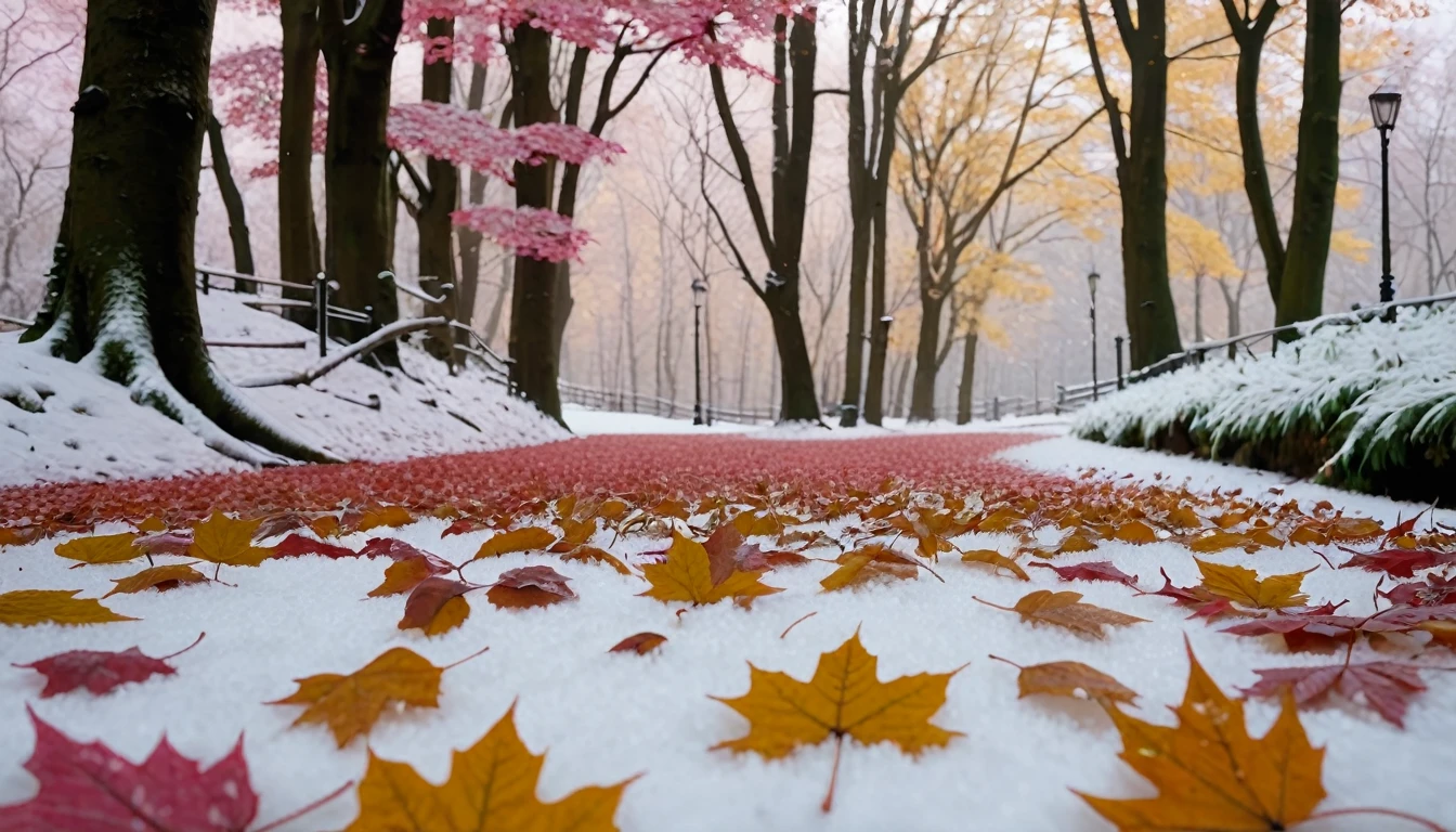 light pink leaves,winter leaves, magical round leaves leaves falling, snow is falling thinly,nature documentry footage, youtube video screenshot, today's featured photography 4k, autumn rain turkel, nature photography 4k, november, cinematic widescreen shot, leaves and magic, high quality screenshot, 2 0 2 1 cinematic 4 k framegrab, wide screenshot