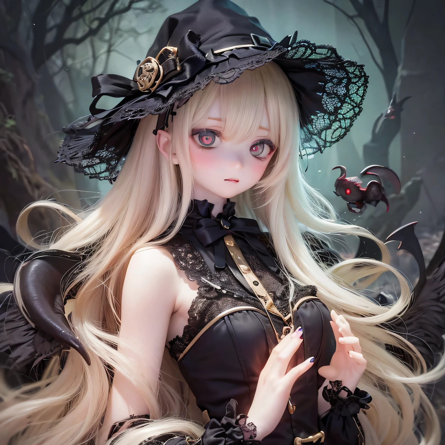 (Highest quality,4K,8k,High resolution,masterpiece:1.2),beautiful detailed eye,length eyelashes,Beautiful lip detail,extremely detailed eye and face,(Vibrant colors,colorful,Contrast enhancement:1.1),dark atmosphere,spooky ambiance,Gothic style,Satanic in front,Devilish charm,(Fine art,shape:1.1),Digital Painting,dark fantasy theme,dramatic lighting,Ghostlyly beautiful,detailedなテクスチャ, (Horror, dark, Bad luckな) girl, (Gothic, Victorian) fashion, (mysterious, charmな) vision, (pale, porcelain) skin, (length, Flowing) Black Hair, (elegant, Complex) Lace dress, (Bad luck, spooky) Shadow, (spooky, Otherworldly) background, (Illuminated by the moonlight, Haunted) garden, (Bad luckな, charmed〜Three Witch Sisters) forest, (elegant, charmな) stop temporarily, (dark, mysterious) aura, (mysterious, Supernatural) Powers, (Forbidden, mysterious) mode, (charmed〜Three Witch Sisters, cursed) relic, (Twisted, bent) reality, (charmな, Ghostly) smile, (cold, bone-cold) silence, (elegant, Gothic) architecture, (Bad luckな, Hypnosis) eye, (intense, dark) emotion, (Powerful, order) in front, (Bad luck, Bad luckな) atmosphere, (spookyな, spookyな) detailed, (charmな, charm) performance, (Satanic, Ghostlyly beautiful) shape, (elegant, spooky) composition, (Surreal, dream-like) scenery, (strict, Bad luckな) cloud, (magic, mysterious) element, (charmed〜Three Witch Sisters, Ghostly) aura, (Shadowのある, mysterious) shapes, (Haunted, Abandoned) Apartment, (Bad luckな, malicious) 意shape, (Supernatural, Otherworldly) energy, (Ghostly, cold) whisper, (elegant, dramatic) stop temporarilys, (mysterious, mysterious) beauty, (Devilish, charmな) eye, (intense, Powerful) vision.Open your arms