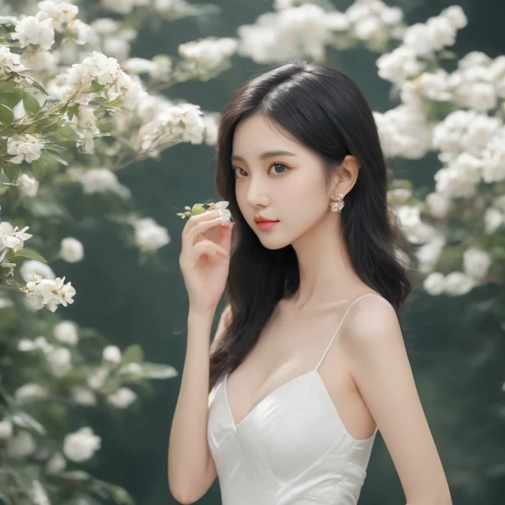 advertising photo,HD,high resolution,highly saturated,pure black background,chinese girl,black hair color hair,big eyes,soft skin,wearing a white dress,