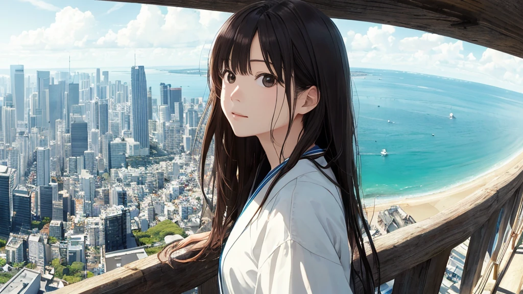 Shiraishi Mei, Looks exactly like Shiraishi Mei,Oceanの方を向いている後ろ姿、Woman looking up at the sky ,Long Hair, Dark brown hair, 2 girls, 18-year-old, photograph, Realistic, Highest quality, Detailed face, The background is the cityscape of Japan、Strong sunlight, Ocean, Embankment, Detailed Background, Diffused sunlight, Written boundary depth, Bokeh (Highest quality: 1.2), (masterpiece: 1.2), Watch Viewer, one piece, White Theme, ,Vision、(((Panorama:1.2)))