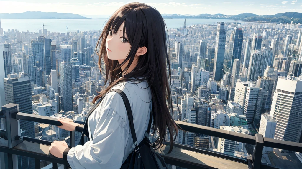 Shiraishi Mei, Looks exactly like Shiraishi Mei,Oceanの方を向いている後ろ姿、Woman looking up at the sky ,Long Hair,  Dark brown hair, 2 girls, 18-year-old, photograph, Realistic, Highest quality, Detailed face, The background is the cityscape of Japan、Strong sunlight, Ocean, Embankment, Detailed Background, Diffused sunlight, Written boundary depth, Bokeh (Highest quality: 1.2), (masterpiece: 1.2), Watch Viewer, one piece, White Theme, ,Vision、(((Panorama:1.2)))