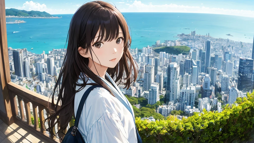 Shiraishi Mei, Looks exactly like Shiraishi Mei,Oceanの方を向いている後ろ姿、Woman looking up at the sky ,Long Hair,  Dark brown hair, 2 girls, 18-year-old, photograph, Realistic, Highest quality, Detailed face, The background is the cityscape of Japan、Strong sunlight, Ocean, Embankment, Detailed Background, Diffused sunlight, Written boundary depth, Bokeh (Highest quality: 1.2), (masterpiece: 1.2), Watch Viewer, one piece, White Theme, ,Vision、(((Panorama:1.2)))
