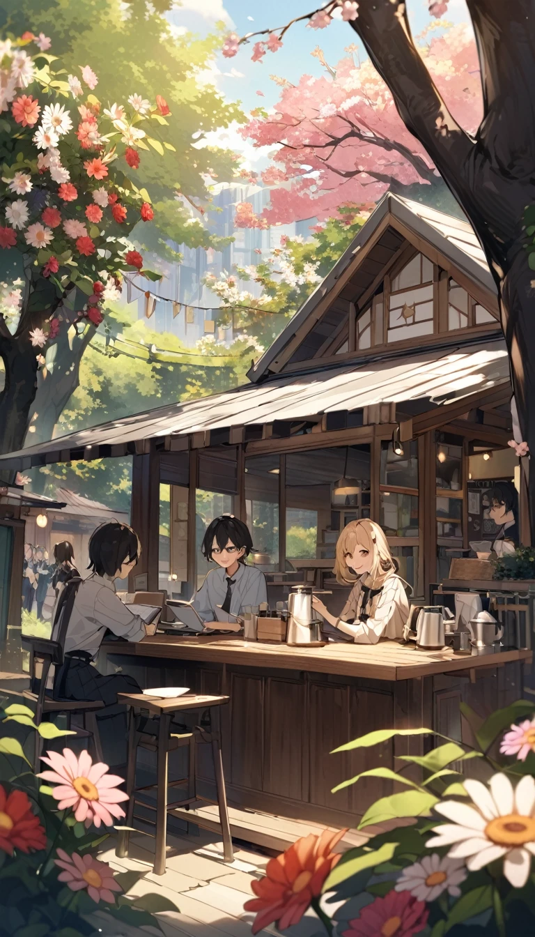 wood、Grass、An open cafe surrounded by flowers オープンカフェで大peopleや子供が勉強や仕事をしている。Natural daylight、people々are smiling happily and talking There is a long desk An open-air cafe in the middle of nature The sunlight pours in The is studying Adults are working 大peopleと子供が話をしている 大peopleと子供は笑顔 子供は16歳の男の子2peopleと女の子2people 20歳の男性と女性3peopleずついる 40歳の女性が2peopleいる 30歳の男性が3peopleいる Many gerbera flowers in bloom spring 桜のwood Cherry blossoms are blooming