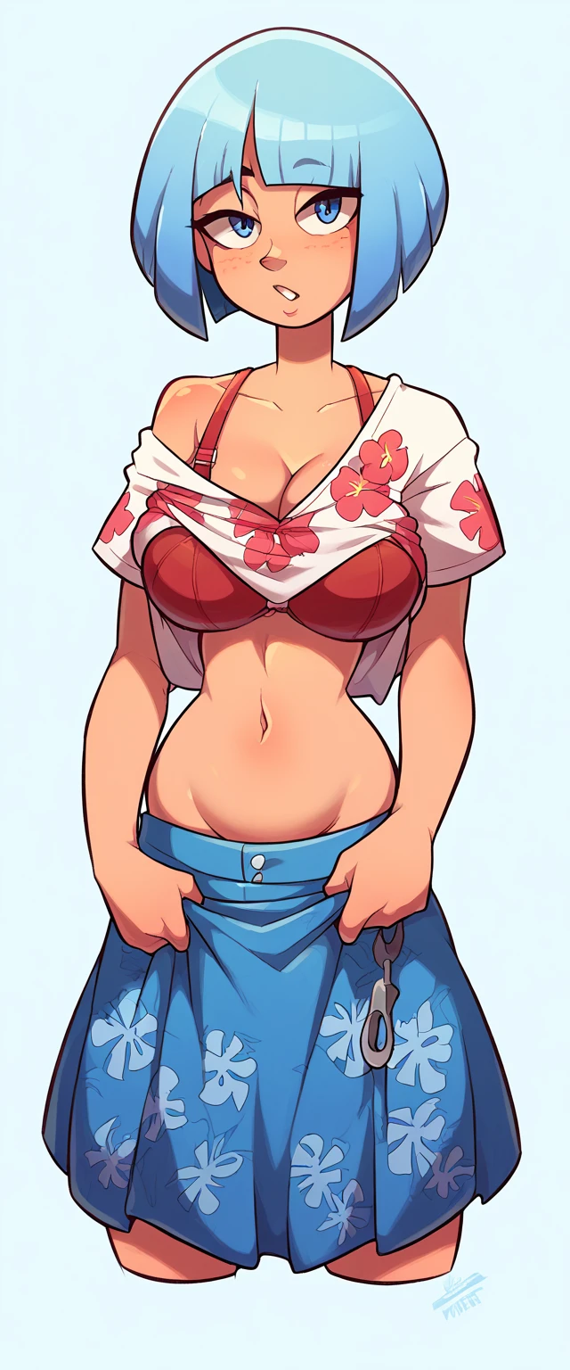 A sexy Hawaiian girl, beautiful, big breast, beautiful, attractive, bright light blue hair, round cut, her blue eye, she wears a white shirt, a hook, a hook, a shirt, pulling on a red white bra, showing her navel and a long blue skirt.